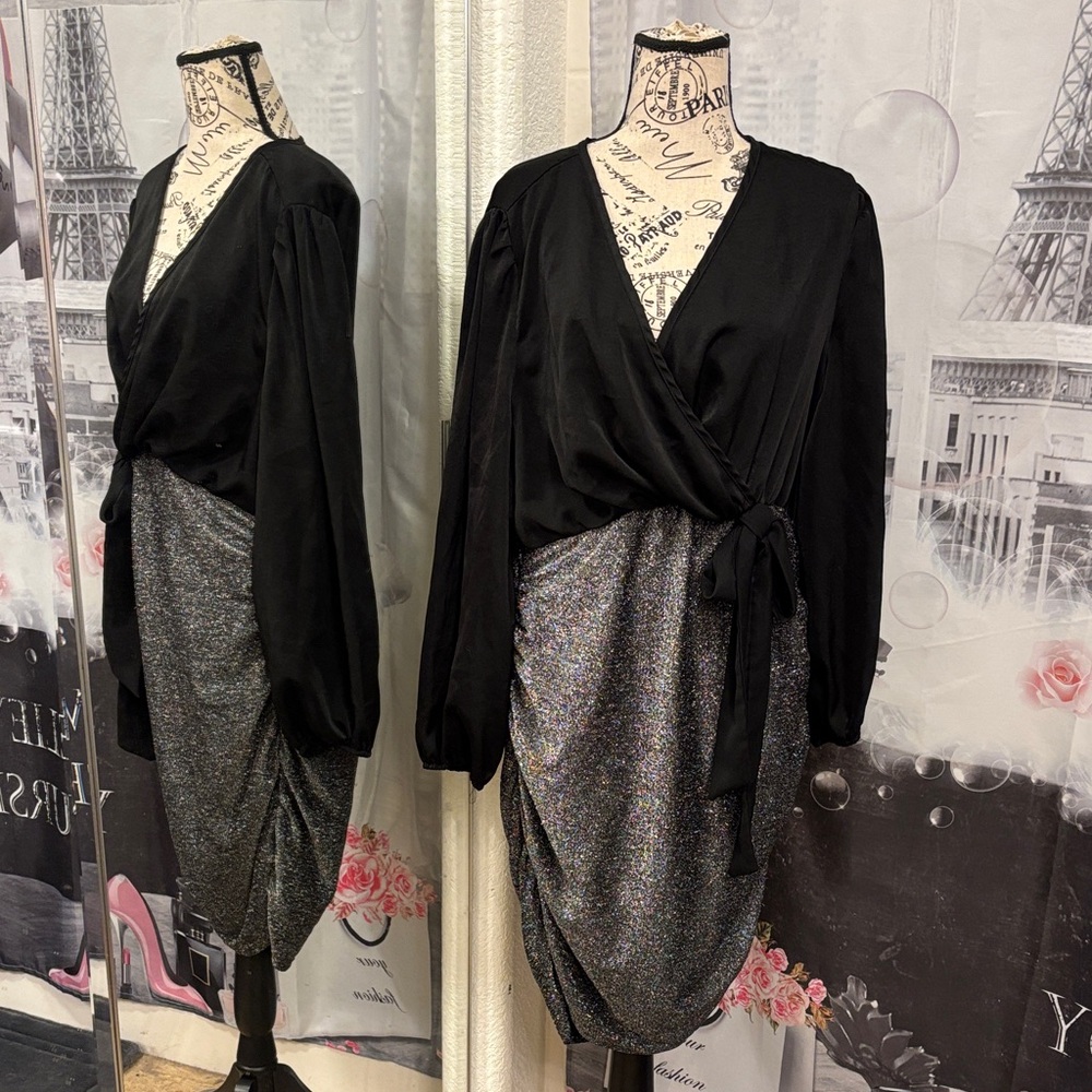 Shein Black and Glitter Faux Wrap Dress
